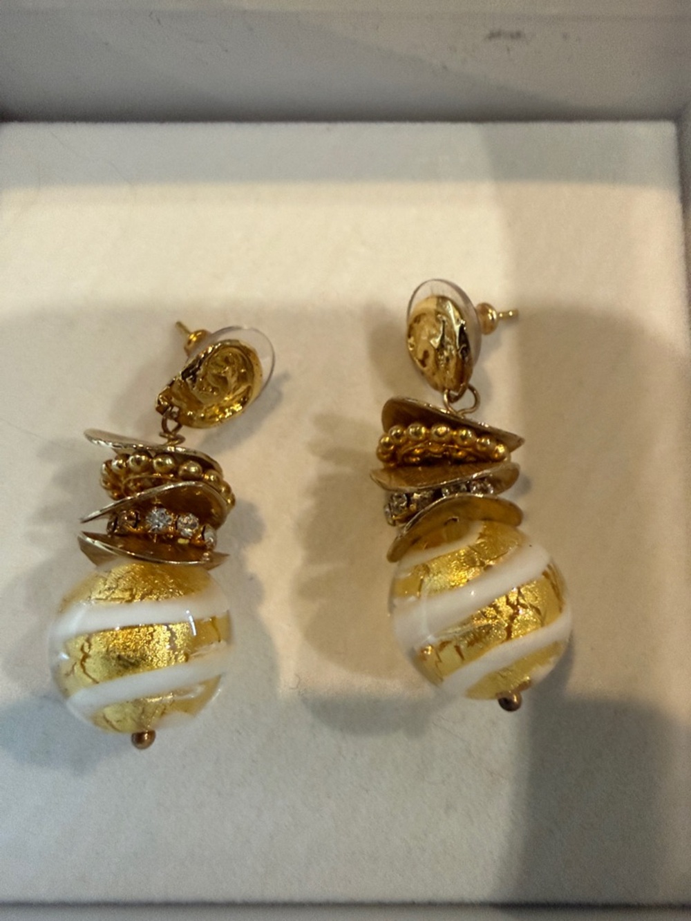 Gold and White Swirl Drop Earrings - Designer Style